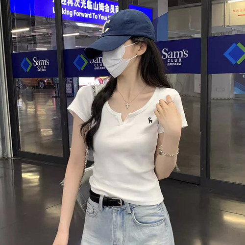白色刺绣v领短袖t恤女夏季2026