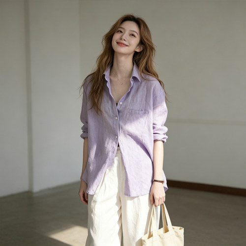 紫色亚麻防晒衬衫女夏季长袖上衣