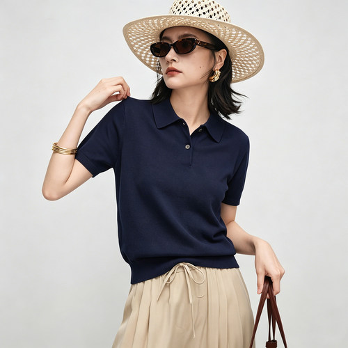 藏蓝色polo领针织衫短袖女夏季