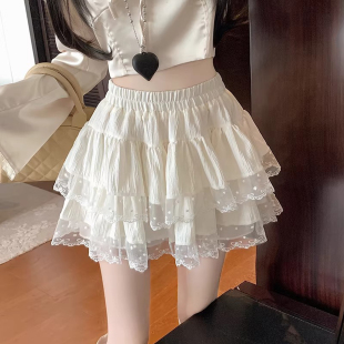 米白色蕾丝花边蛋糕裙半身裙女夏季 蓬蓬裙子 小个子高腰a字短裙裤