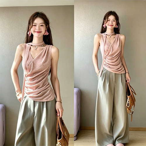 粉色飘带褶皱收腰吊带背心女夏季