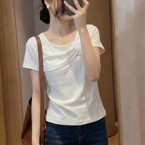 白色不规则圆领短袖t恤女夏正肩