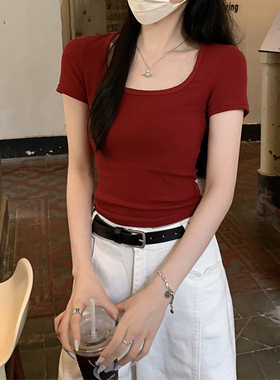 红色方领短袖t恤女夏季2026新款小个子修身显瘦辣妹正肩短款上衣