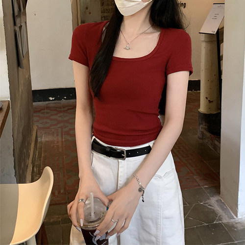 红色方领短袖t恤女夏季2026新款
