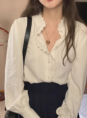 法式白色蕾丝花边衬衫女春秋季小个子内搭叠穿衬衣设计感长袖上衣
