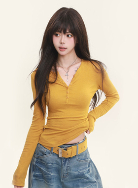 黄色半开领长袖t恤女春秋2026新款小个子修身显瘦打底衫辣妹上衣