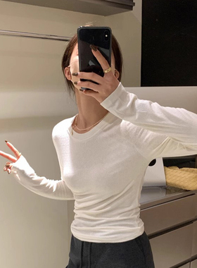 白色圆领打底衫女春秋小个子基础款内搭长袖t恤修身显瘦正肩上衣