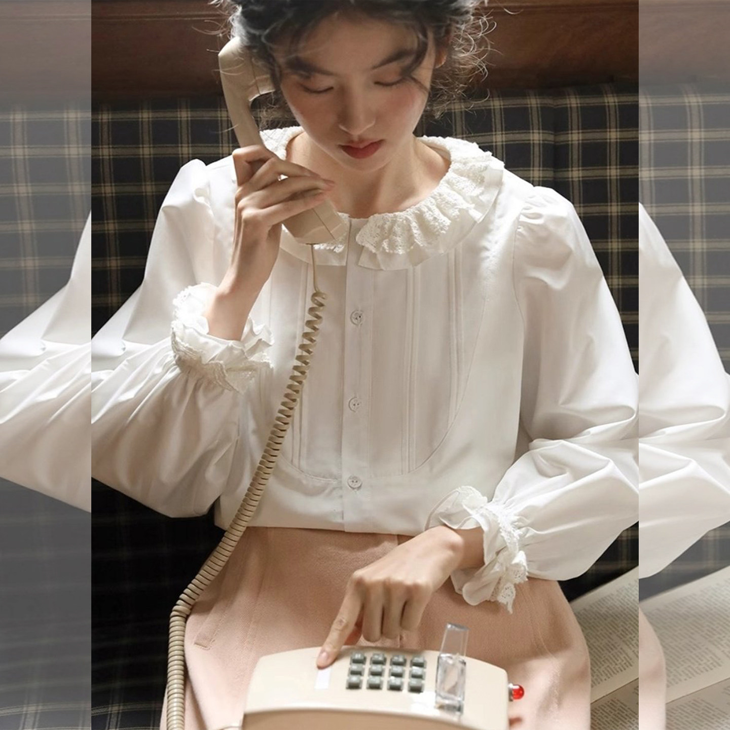 法式蕾丝娃娃领衬衫女春秋泡泡袖