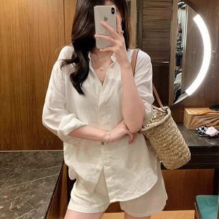 白色亚麻翻领防晒衬衫女夏季薄款小个子宽松休闲衬衣棉麻长袖上衣