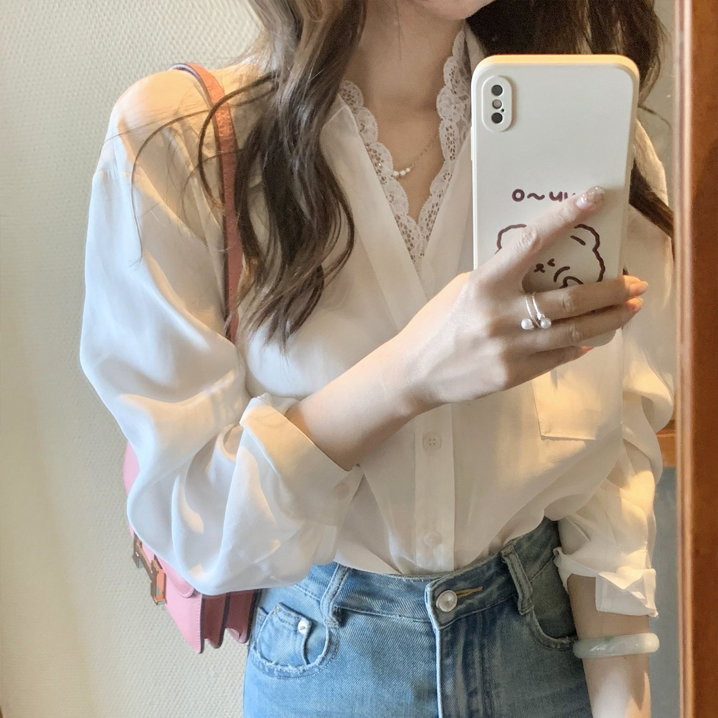 蕾丝花边衬衫女春秋内搭v领衬衣
