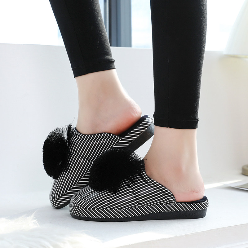 秋冬季新款女士防水PU皮毛球厚底高跟防滑保暖家居家毛绒棉拖鞋