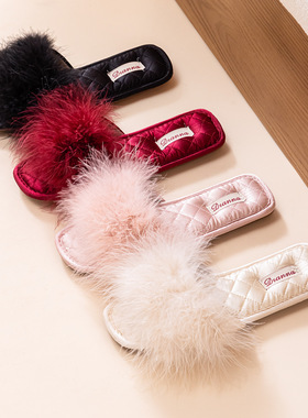 春夏新款红色喜庆洋气本命年伴娘毛毛拖鞋女冬季新娘婚礼晨袍婚鞋