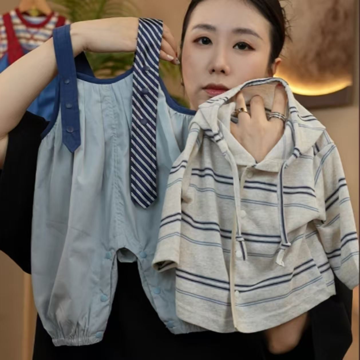 夏季男女童分体两件套婴儿条纹透气外出服宝宝薄款长袖背带裤套装
