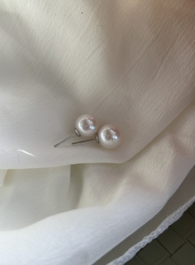 天然淡水珍珠耳钉强光正圆经典简约10-11mmS999银送礼