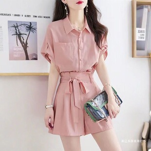 女宽松衬衣 衬衫 设计感高腰阔腿短裤 时尚 2026新款 套装 气质短袖