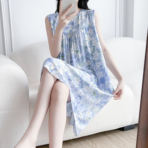 2026新款绝美人造棉睡裙女夏宽松大码棉绸凉感透气无袖轻奢高级感