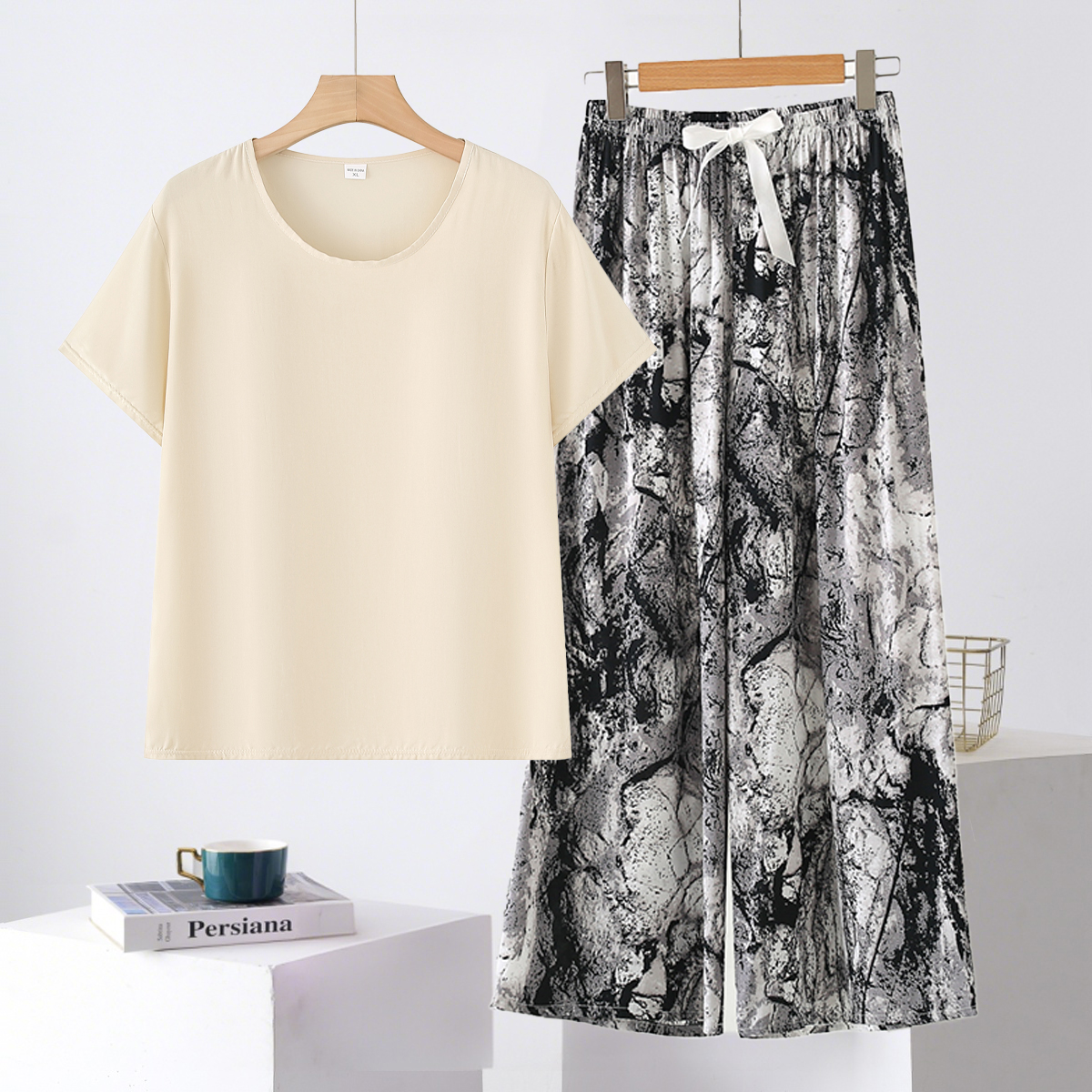 棉绸睡衣女款2025新款夏短袖九分裤套装妈妈装夏天透气薄款人造棉