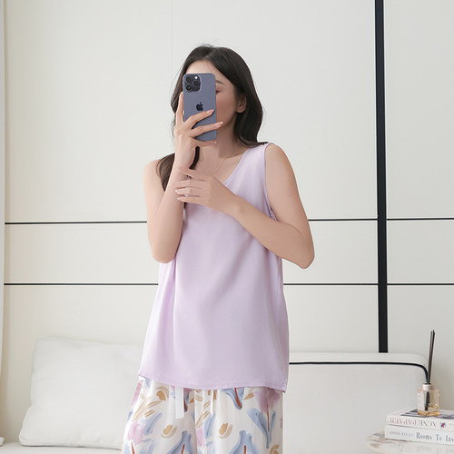 带胸垫无袖上衣棉绸家居服宽松