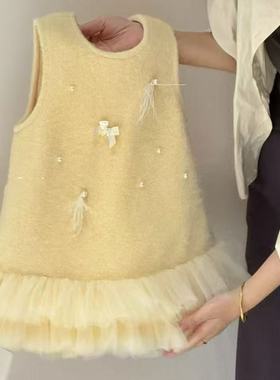 女童奶黄包黄色加绒背心网纱裙显白洋气周岁礼服套装裙子2025新潮