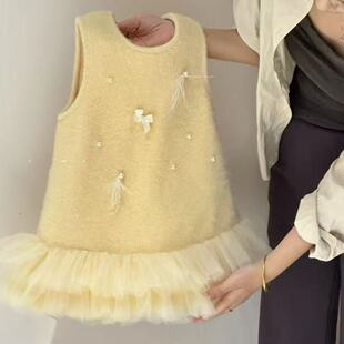 女童奶黄包黄色加绒背心网纱裙显白洋气周岁礼服套装裙子2025新潮