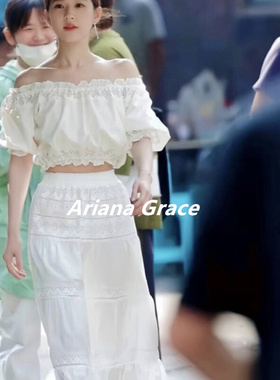 Ariana Grace法式一字肩泡泡袖两件套赵露思同款白色温柔甜美套装