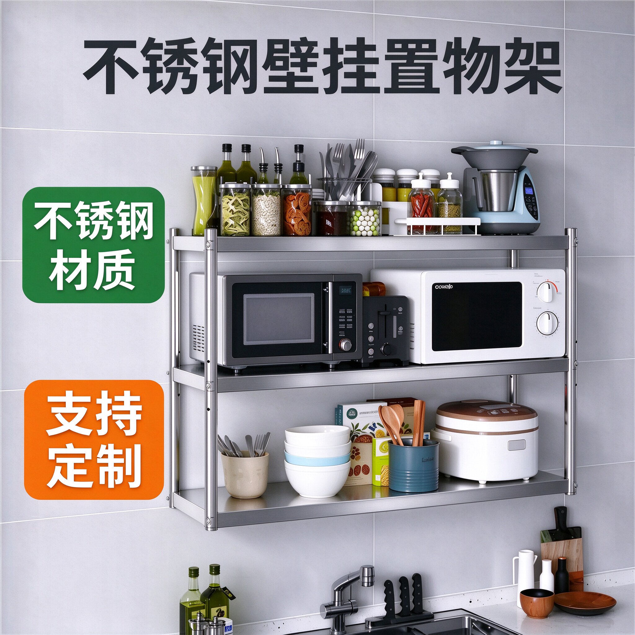 商用不锈钢壁挂微波炉烤箱收纳架