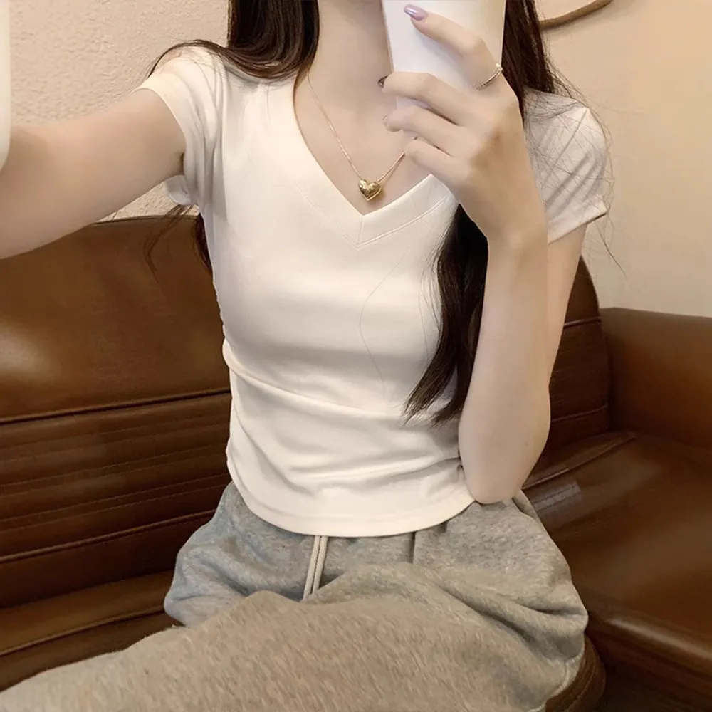 美式正肩白色短袖t恤女夏2025新款设计感辣妹褶皱v领短款上衣女装