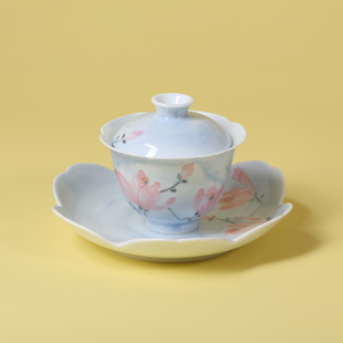 夏禾茶具纯手绘玉蓝花盖碗小清新淡蓝色两才盖碗茶杯花口泡茶碗
