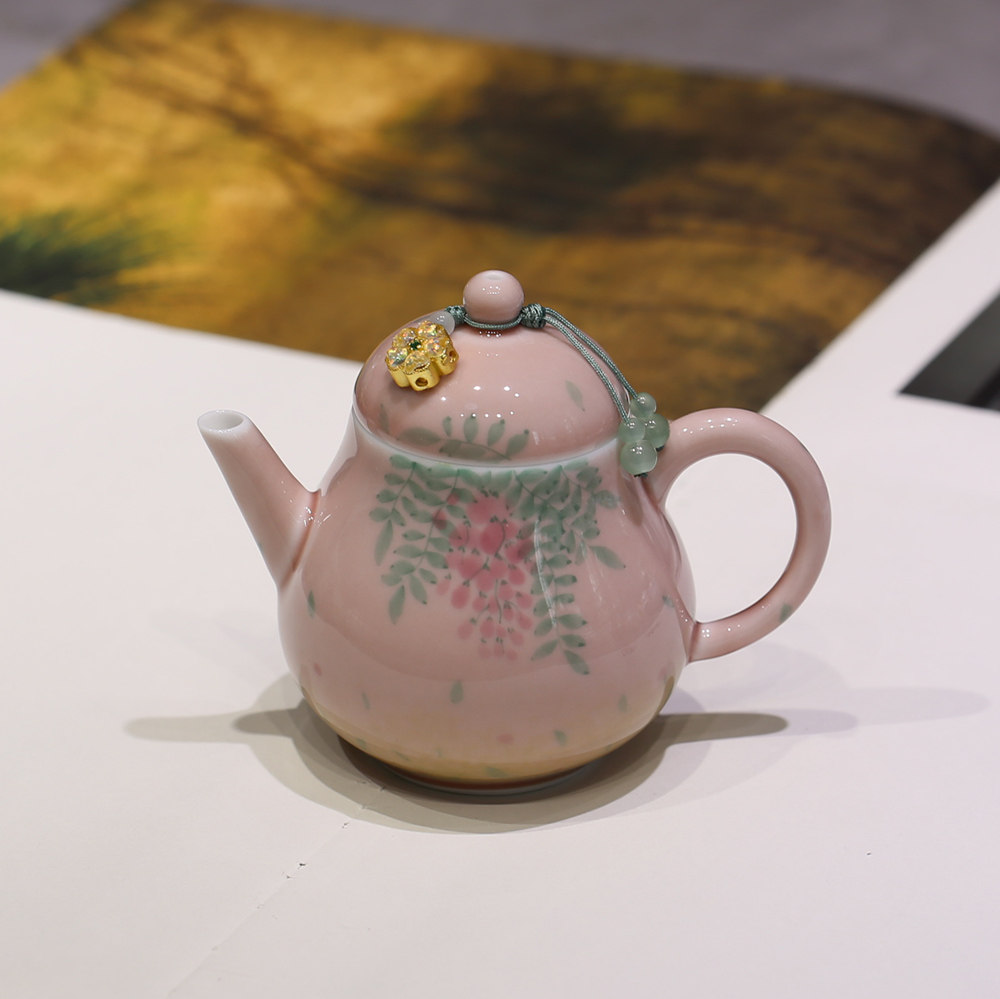 明知山志釉下彩手绘紫藤泡茶壶粉色女生可爱小清新茶壶