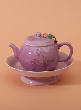 2025新款手绘茶壶陶瓷泡茶壶粉紫色女士茶壶高颜值现代小清新茶具