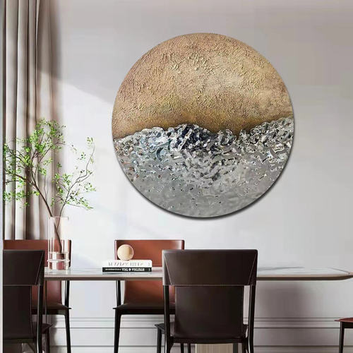 现代简约沙发背景墙3D立体装饰画壁饰铁艺圆形玄关饭厅手绘肌理画