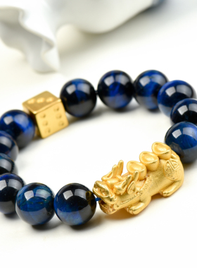 情侣款黄虎眼蓝虎眼石沙金手链