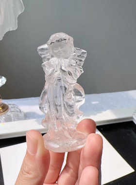 天然喜马白水晶精工透体雕刻祈祷天使女神摆件能量装饰品家居玄关