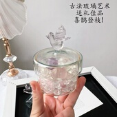 古法琉璃手工烧制水晶球碎石收纳消磁碗容器底座摆件喜鹊吉祥鸟