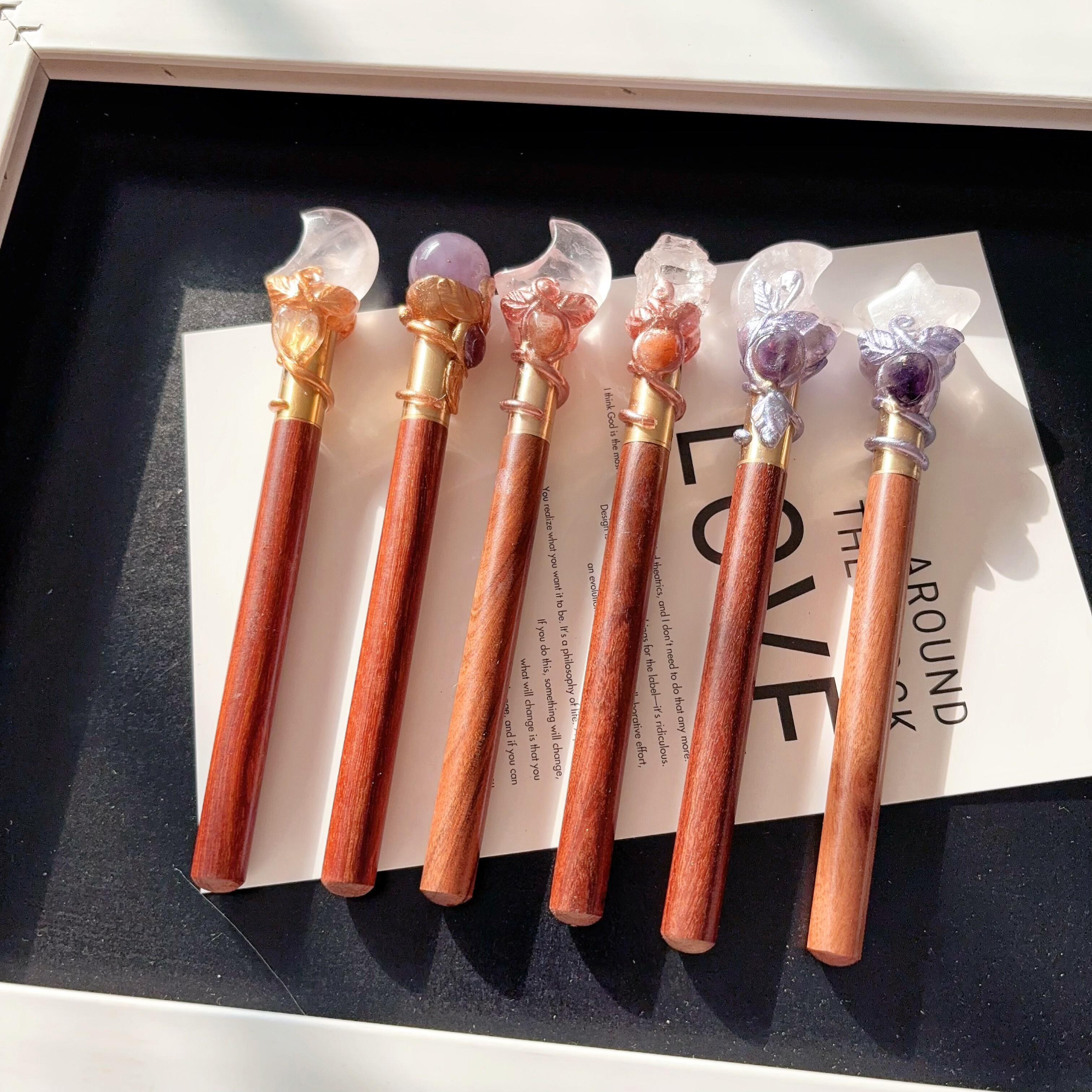 天然白水晶月亮星星原石紫球手作圆珠笔权杖魔法棒摆件装饰礼物