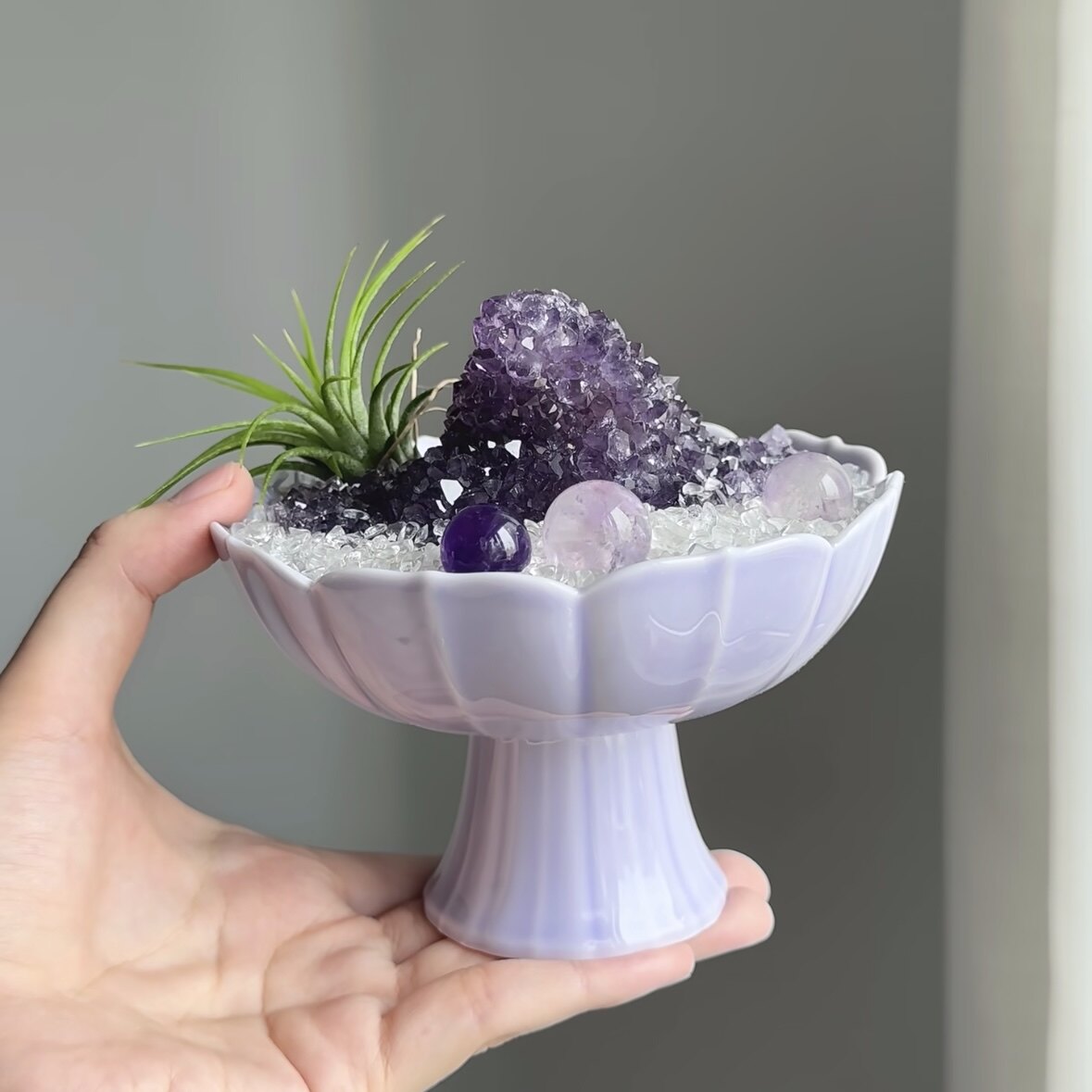 水晶碎石球盆栽碗微景观造景消磁底座盘高脚杯马卡龙色摆件原石图片