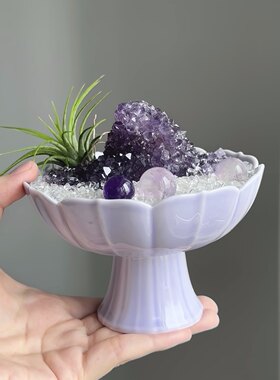 水晶碎石球盆栽碗微景观造景消磁底座盘高脚杯马卡龙色摆件原石