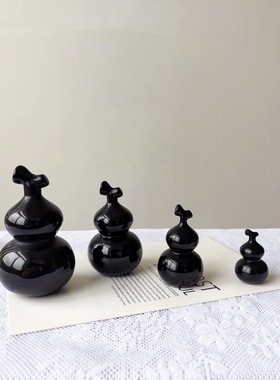天然水晶黑曜石原石打磨精雕福禄葫芦摆件家居办公装饰吉祥物能量