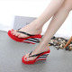 红色7m厚底沙滩凉鞋 高跟橡胶人字拖女士坡跟时尚 条纹夹脚拖鞋 外穿