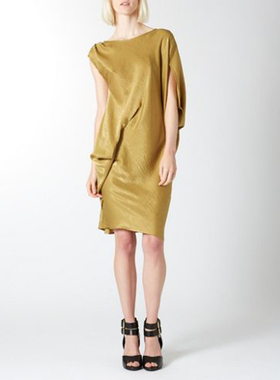 22设计师款春季出口原单尾货宽松直筒裙连衣裙简款立体裁剪姜黄色