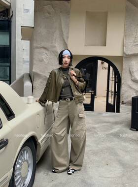 十三行hao hao6638 秋季多口袋宽松显瘦直筒裤小个子弯刀工装裤