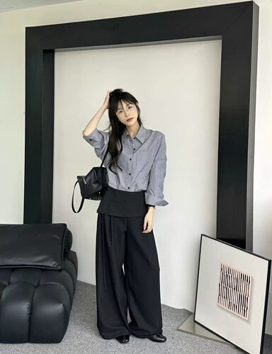 十三行X2 98621秋季新款时尚优雅假两件屁帘垂感休闲高腰阔腿裤女