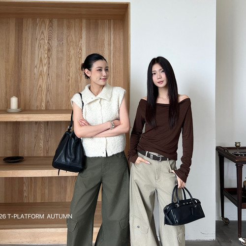 十三行T-PLATFORM-26005阔腿裤女早秋小众设计感显瘦直筒工装裤女