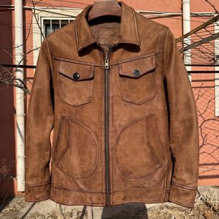 经典 做脏无涂磨砂牛皮翻领皮夹克潮 门多萨复古真皮皮衣男美式