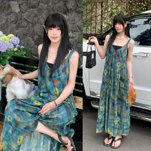 MZ夏日晚风蓝绿调晕染油画吊带裙女夏长裙高腰复古显瘦麻棉连衣裙