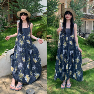 MZ/文艺复古麻棉印花吊带裙女夏宽松显瘦连衣裙日常海边度假长裙