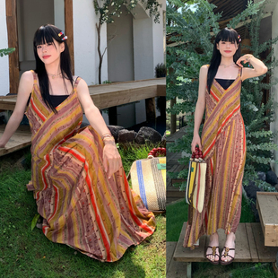 MZ民族风彩虹条纹吊带裙女夏收腰显瘦麻棉连衣裙日常海边度假长裙