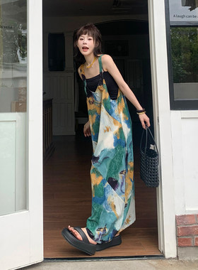 清凉显白海岛蓝背带阔腿裤