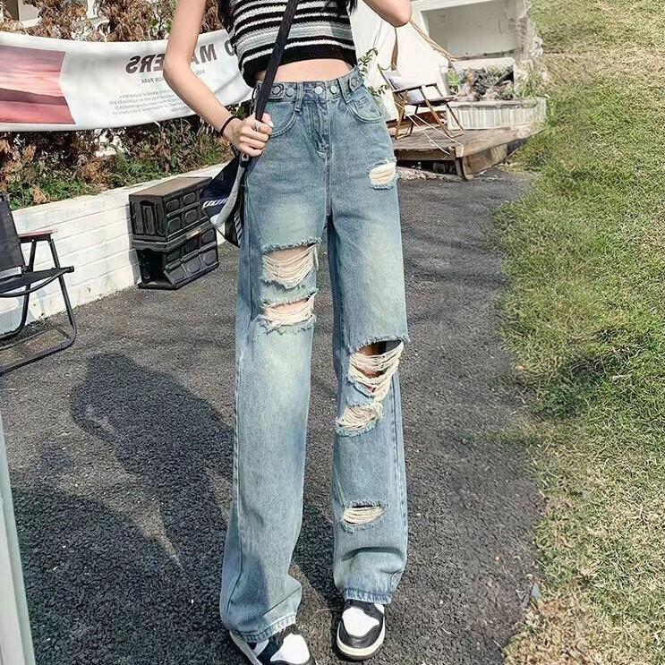 乞丐阔腿牛仔裤女网红宽松破洞高牛仔裤