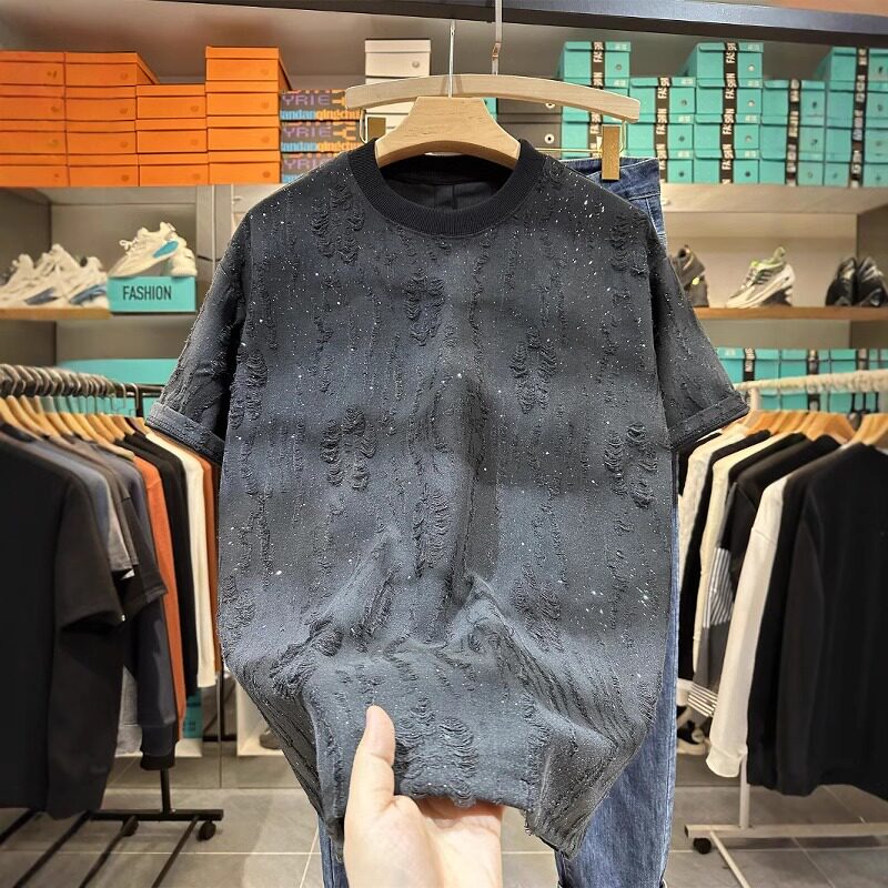 新款美式潮流百搭破洞渐变短袖图片